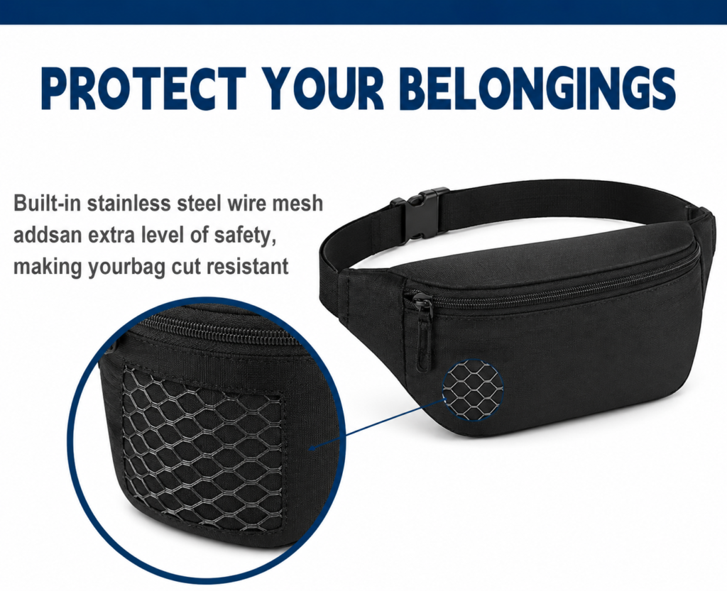 cut proof fanny pack with stainless steel wire mesh