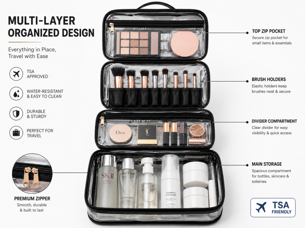 large capacity TSA approved makeup bag for travel