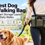 Woman walking a Golden Retriever outdoors while wearing a practical dog walking waist bag with organized storage pockets