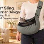 Person wearing a sage cat sling carrier with a grey tabby cat in a warm home setting