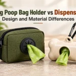 Dog poop bag holder vs dispenser showing fabric and plastic designs